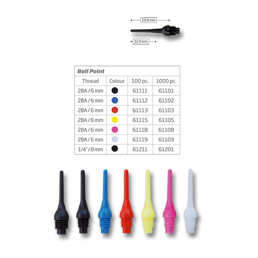 [61211] BULL'S Ball Point Soft Tips 6mm(2BA)& 8mm(1/4BSF) (100/schw.)