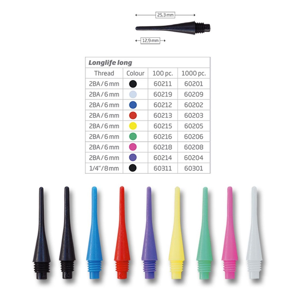 [60211] BULL'S Longlife Long 6mm(2BA)& 8mm(1/4BSF) (100/schw.)