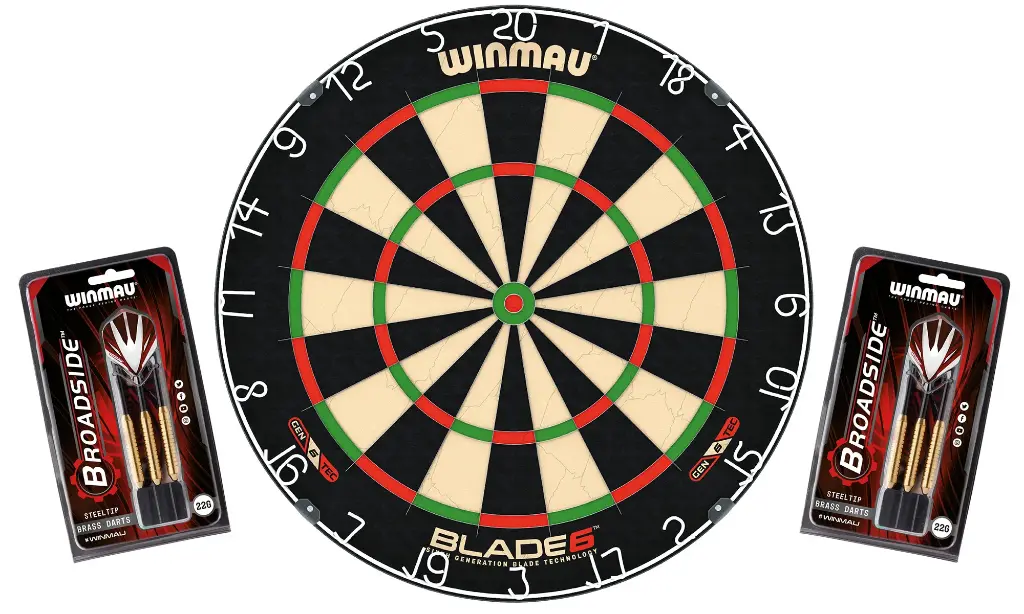 WINMAU Original Dartscheibe, 6 + 2 Steeldart-Sets, Broadside Messing